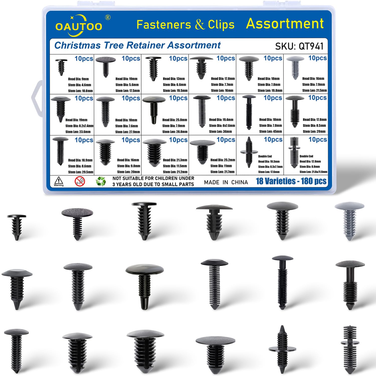 OAUTOO 180pcs Single Head Xmas Tree Retainer Clip Assortment Automotive Push Pin Rivets Kit