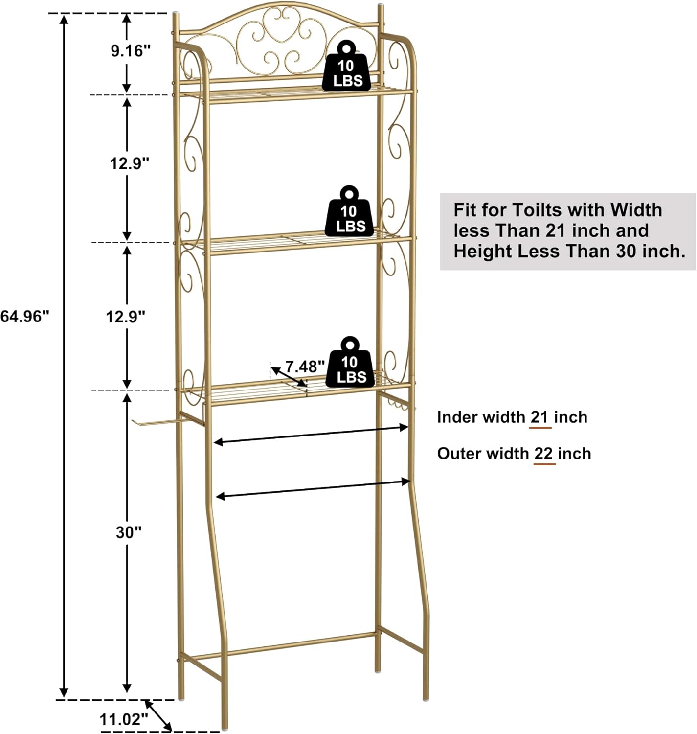 HOME BI Over The Toilet Storage Shelf, 3-Tier Over Toilet Bathroom Organizer Rack, Freestanding Space Saver Toilet Stands with Hooks, Gold