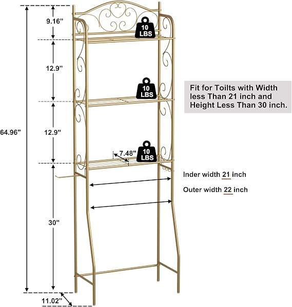 HOME BI Over The Toilet Storage Shelf, 3-Tier Over Toilet Bathroom Organizer Rack, Freestanding Space Saver Toilet Stands with Hooks (Gold)
