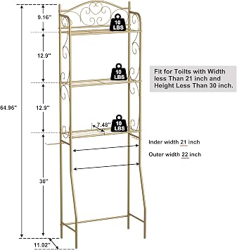 HOME BI Over The Toilet Storage Shelf, 3-Tier Over Toilet Bathroom Organizer Rack, Freestanding Space Saver Toilet Stands with Hooks (Gold)