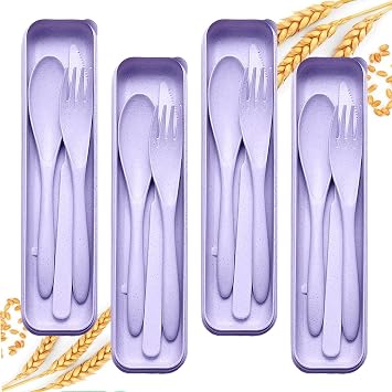 4Pack Travel Wheat Straw Utensils, BPA Free Fork Spoon Knife Storage Case