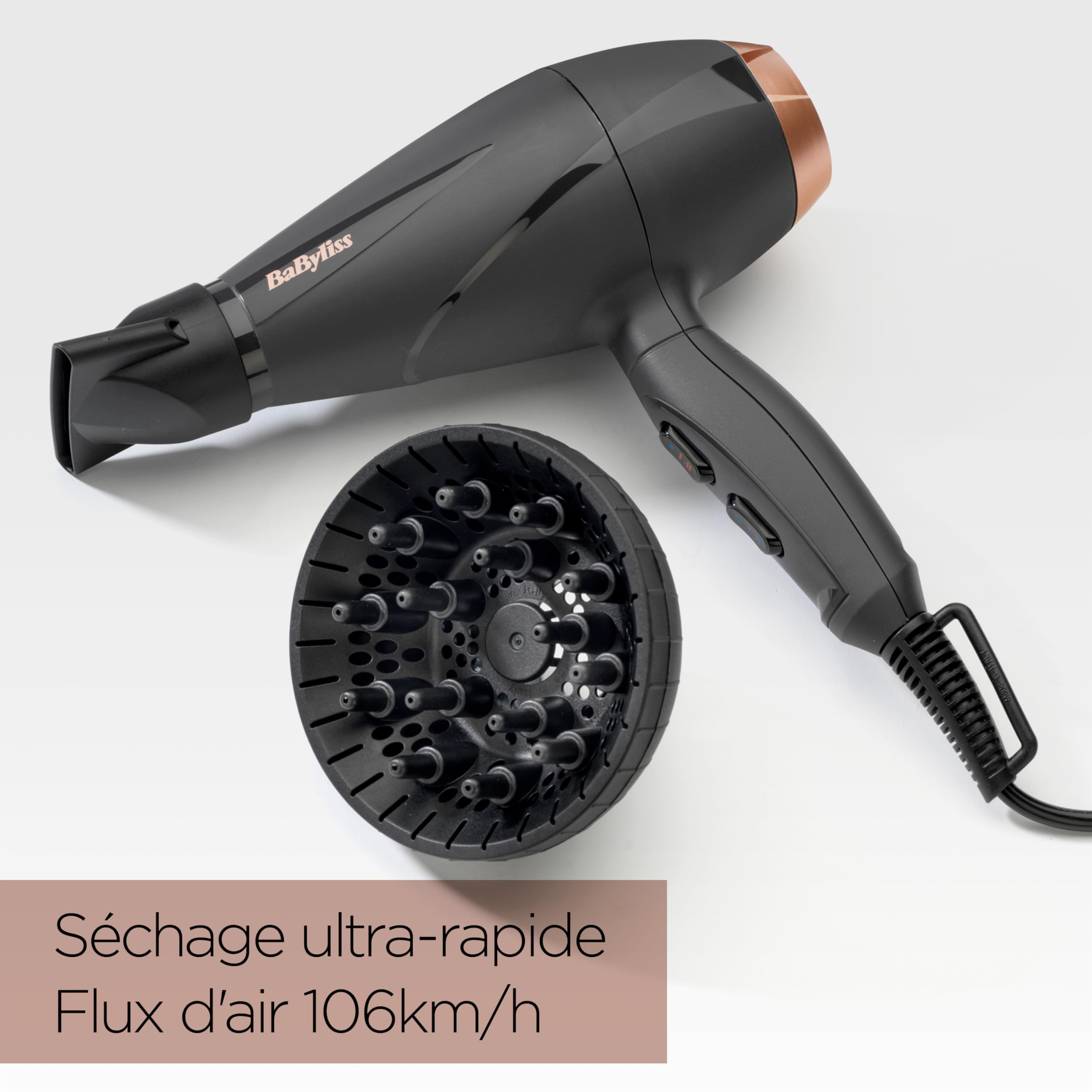 BaByliss Sèche-cheveux Smooth Pro - Sèche-cheveux puissant de 2100W, Fabriqué en Italie, Technologie ionique anti-frisottis, 3 réglages de température et 2 réglages de vitesse, Noir, 6709DE