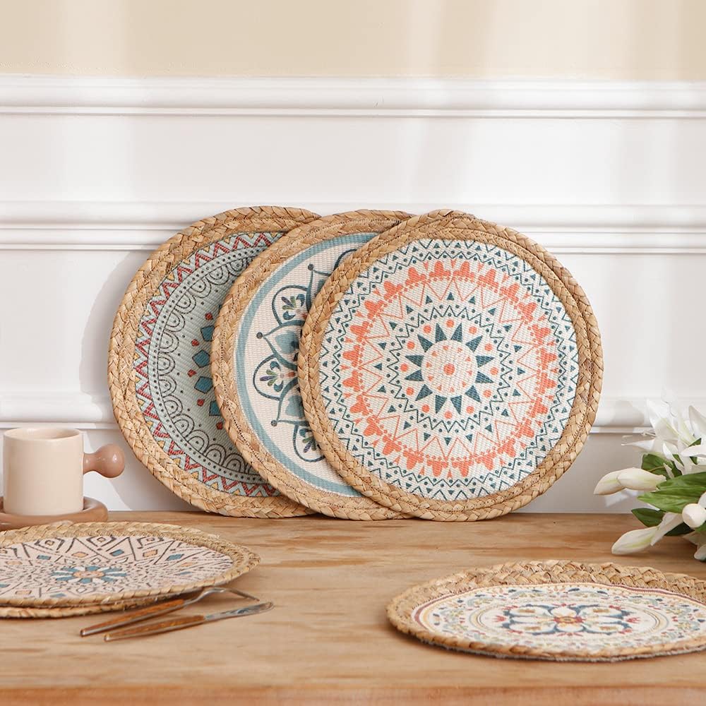 MOCOFO Placemat 4 Set of Boho Colorful Printed Round Woven Placemat（Color 10）