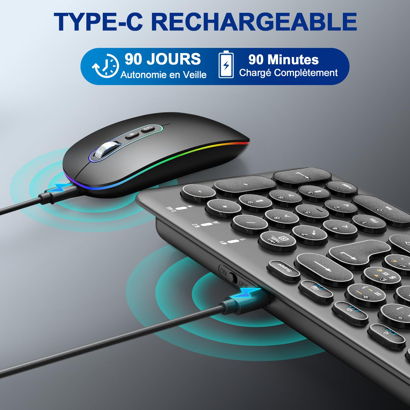 Cimetech Ensemble Clavier Souris sans Fil Rechargeable Multidispositifs (2,4 GHz+BT1+BT2), Combo Clavier Français et Souris avec Pavé Numérique pour Wins/Linux/MacOS - Noir