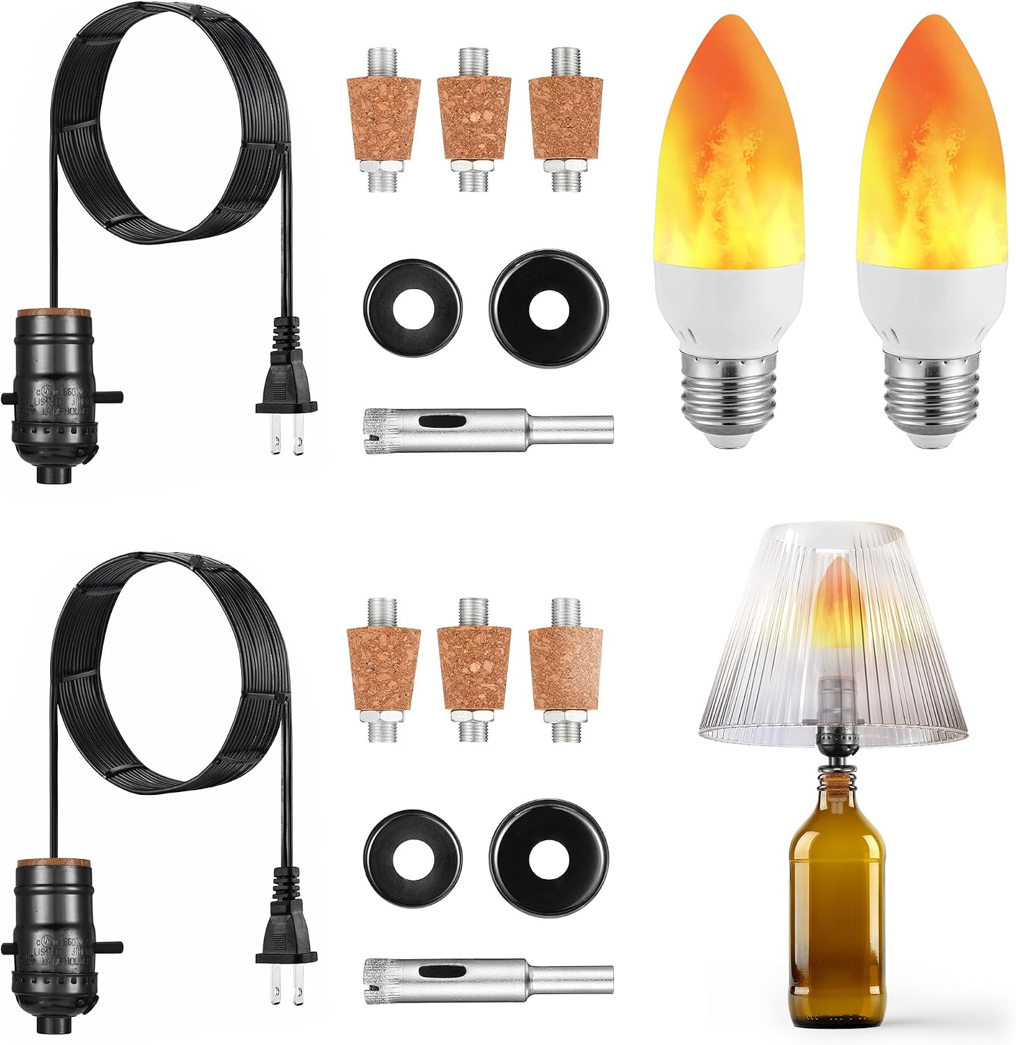 Lpraer 2 Set DIY Wine Bottle Lamp Kit with E26 LED Light Bulbs for Liquor Bottle, w/Glass Drill Bit and Lid, Black Cord w/Lamp Socket, 3 Size Tapper Cork (W/ 2 Flame Effect Light Bulbs)