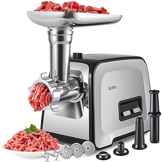 ALTRA Stainless Steel Electric Meat Grinder, Meat Mincer & Sausage Stuffer, [2000W Max] [Concealed Storage Box] Sausage & Kubbe Kit Included, 3 Grinding Plates, 2 Blades, Home Kitchen & Commercial Use