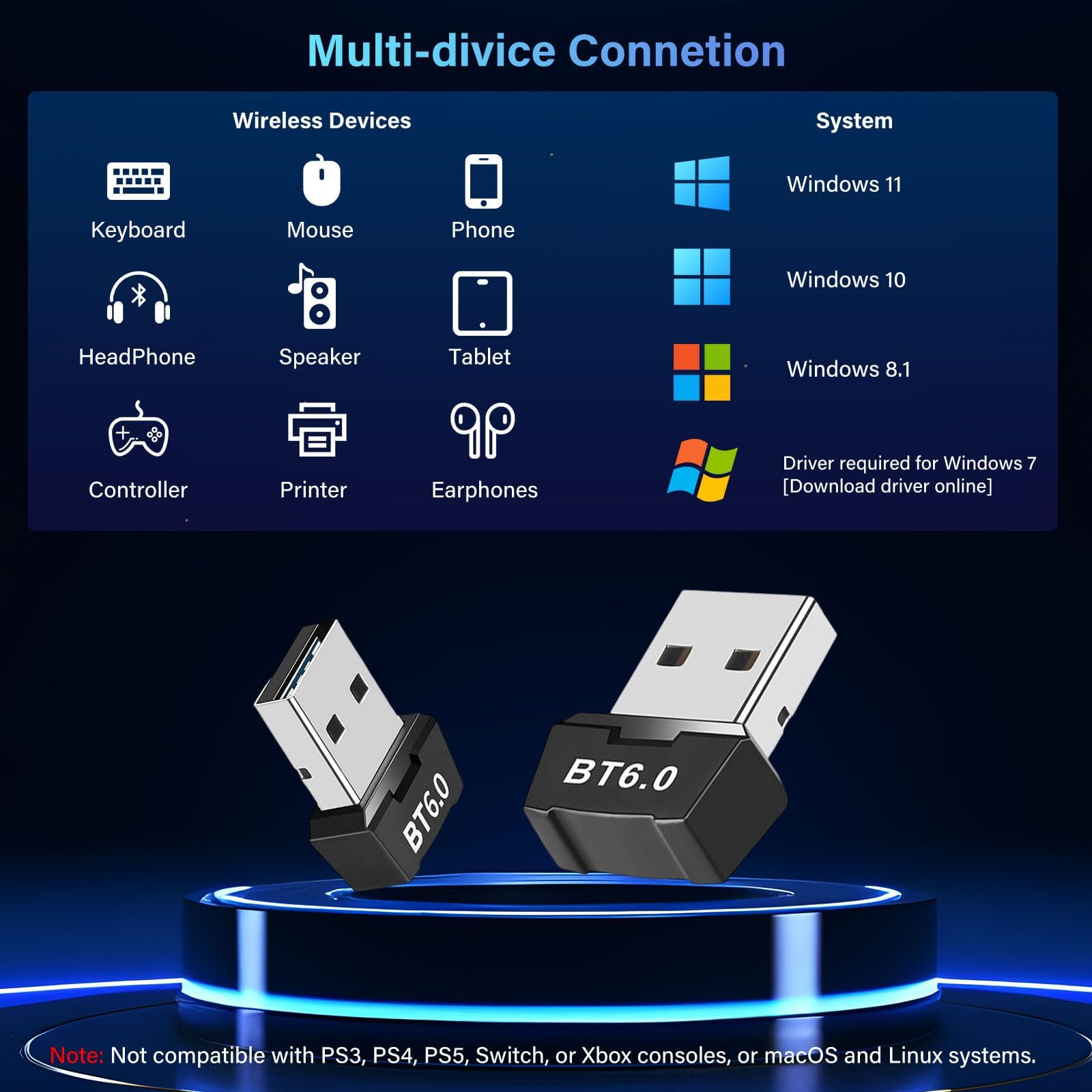 Dongle Bluetooth 6.0, Cle Bluetooth pour PC, Adaptateur USB pour Windows 11/10/8.1, Plug and Play, pour PC, Ordinateur Portable, Souris, Tablette, Casque, 7 Dispositifs