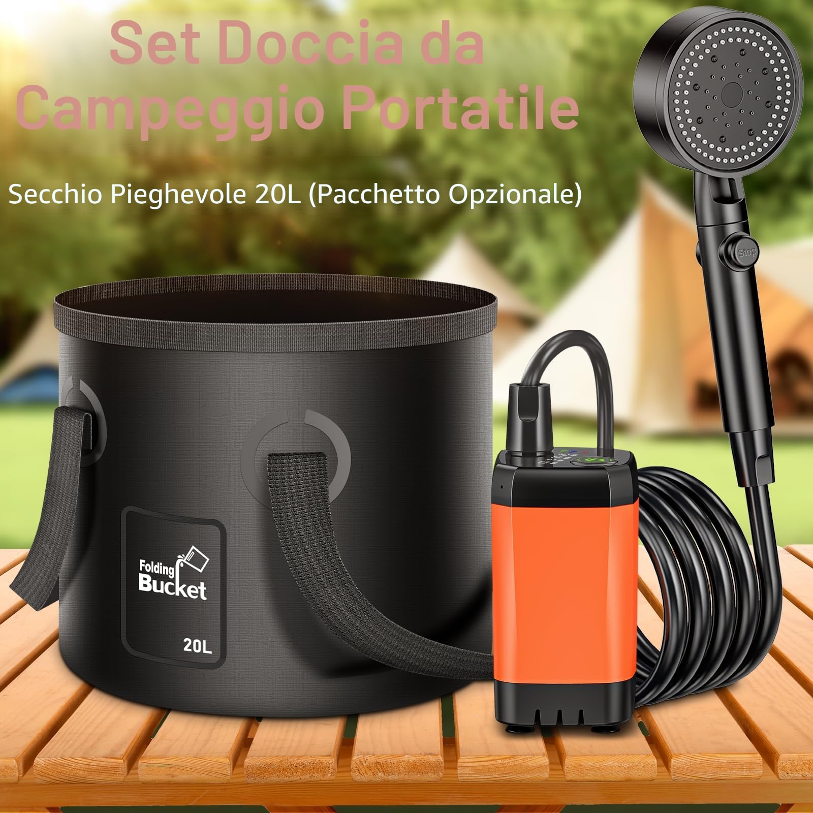 Rsaoty Doccia da Campeggio, 3000 mAh Doccia Ricaricabile Portatile, Doccia Portatile con Display Digitale Intelligente per Spiaggia Giardino Lavaggio Auto, Escursioni