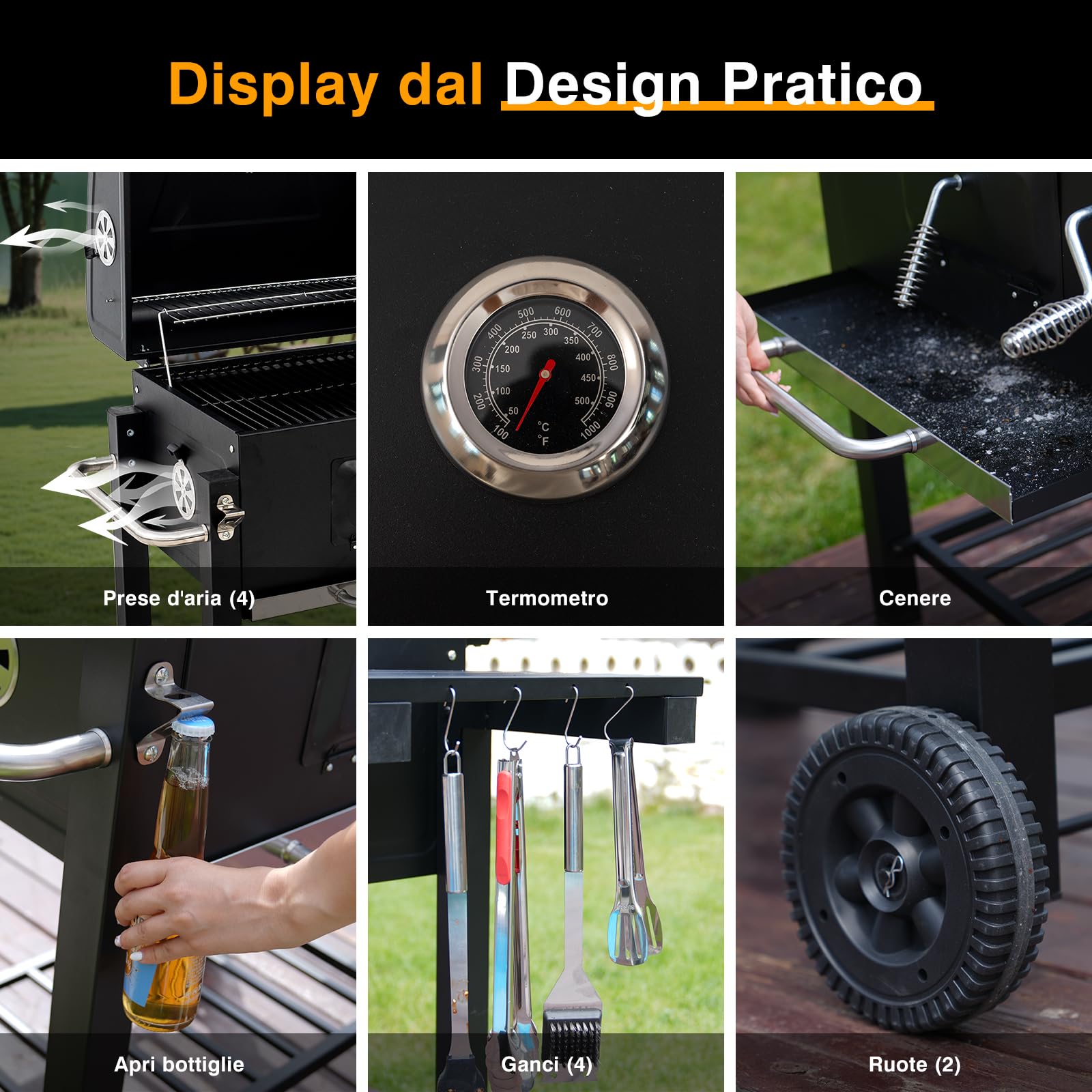 Barbecue a Carbonella, Barbecue con Coperchio, Griglia Piegevole, Superficie di Cottura 56×42,5 cm, Braciere Regolabile in Altezza, Tavolino Laterale Piegevole e Copertura Protettiva Inclusa
