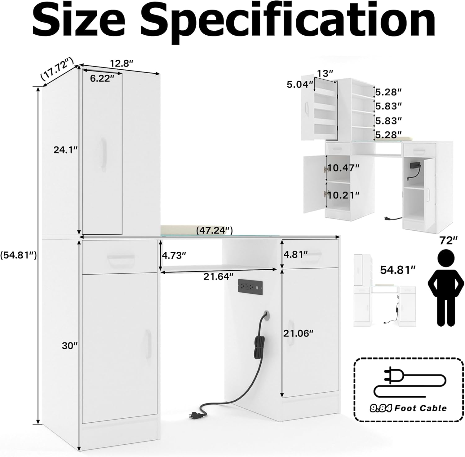 Manicure Table Nail Desk for Nail Tech with Glass Top & Wrist Rest,Nail Desk Station with Power Outlets,Shelves, Storage Cabinets, Drawers,Beauty Salon Workstation(White)