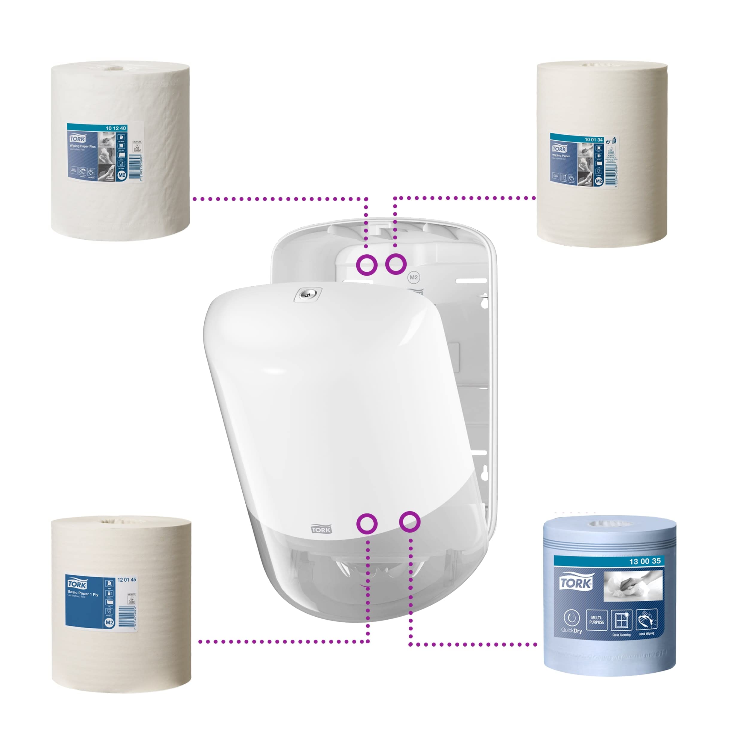 Tork 559008 Dispenser per asciugamani a estrazione centrale grande, sistema M2, 36 cm x 23,9 cm x 22,7 cm (altez. x largh. x profond.), Elevation Design, colore bianco