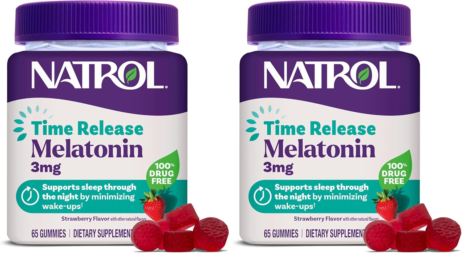 Natrol Time Release Melatonin Gummies, Sleep Support for Adults, 3 mg Melatonin Supplements for Sleep Support, 65 Strawberry-Flavored Gummies, Up to a 65 Day Supply, (Pack of 2)