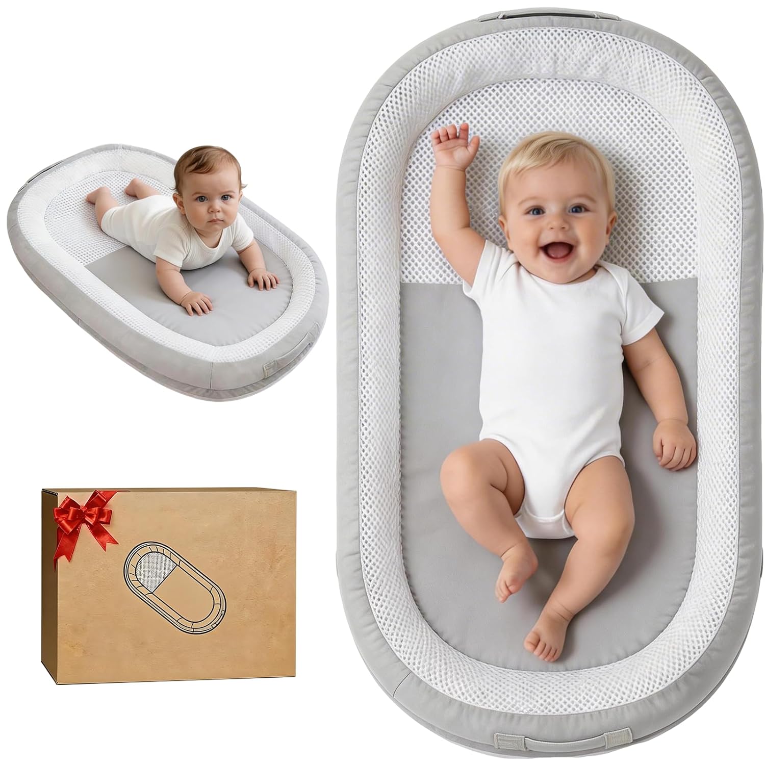 Baby Lounger for Newborn 0-24 Months, Breathable Organic Cotton Infant Lounger Baby Nest for Supervised Awake-Time, Upgraded Baby Lounger for Infant with Washable Cover
