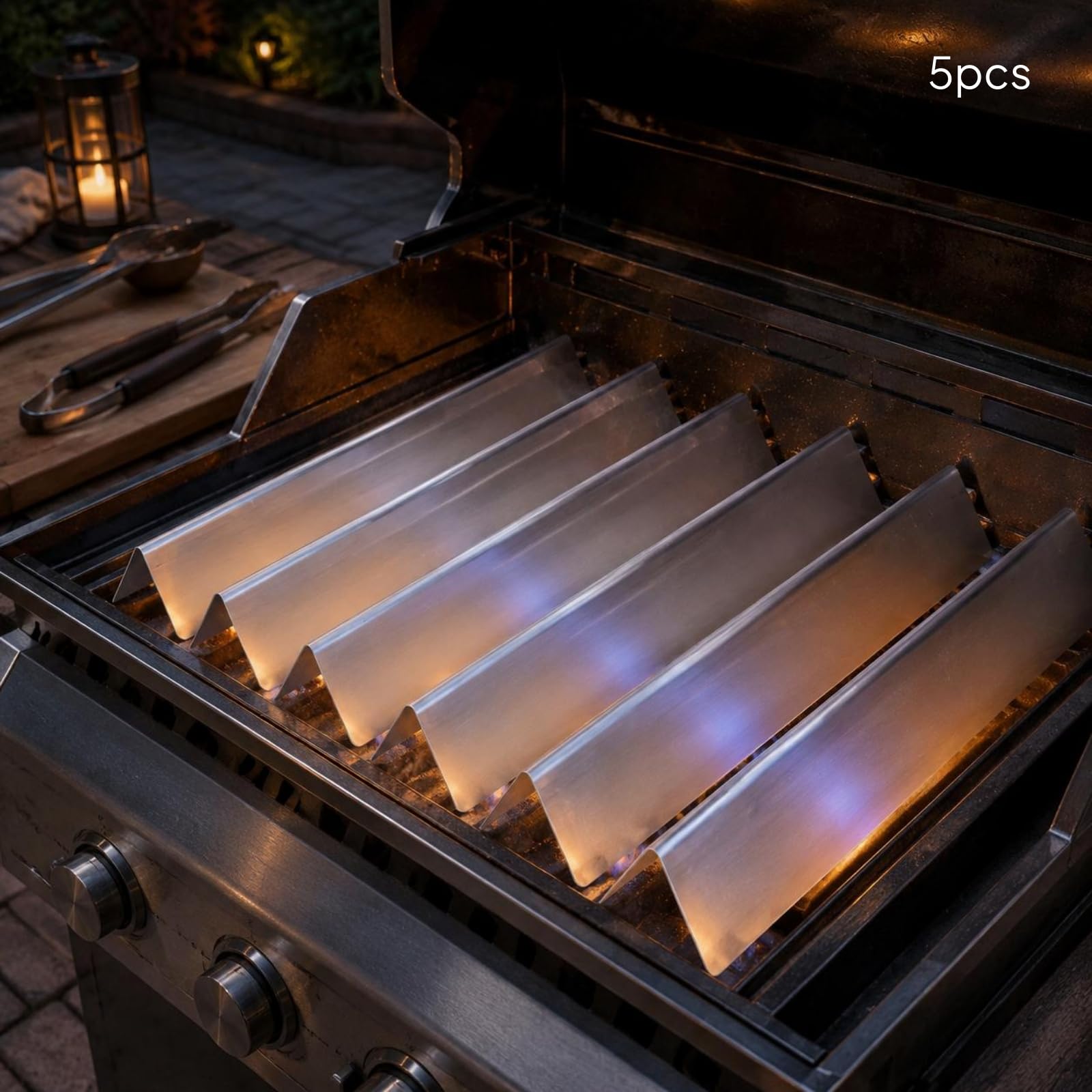 5 Pieces Barra Aromatizzatore Sostituzione Copertura Deflettore Calore Triangolare Copribruciatore in Acciaio Inox