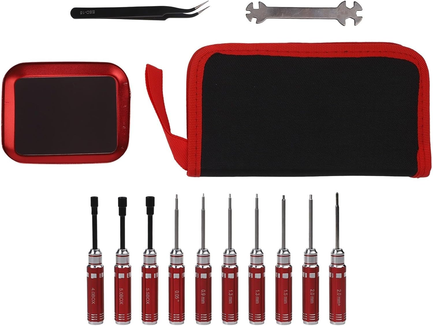 12-Piece RC Car Kit with Screwdriver Set, Pliers & Quadcopter Helicopter Airplane Boats, Alloy Steel Repair Tools in Red Organizer Case