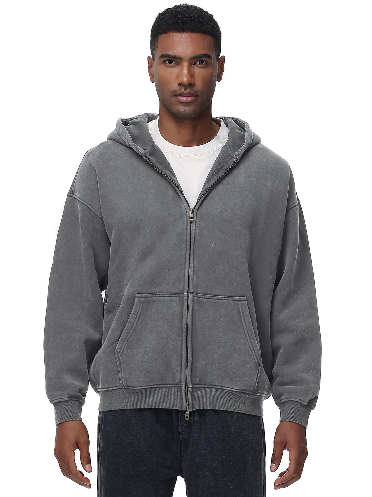 Sudadera con capucha para hombre de gran tamaño, estilo vintage, forro polar, lavado ácido, básico, cálido, con cremallera, ropa de calle