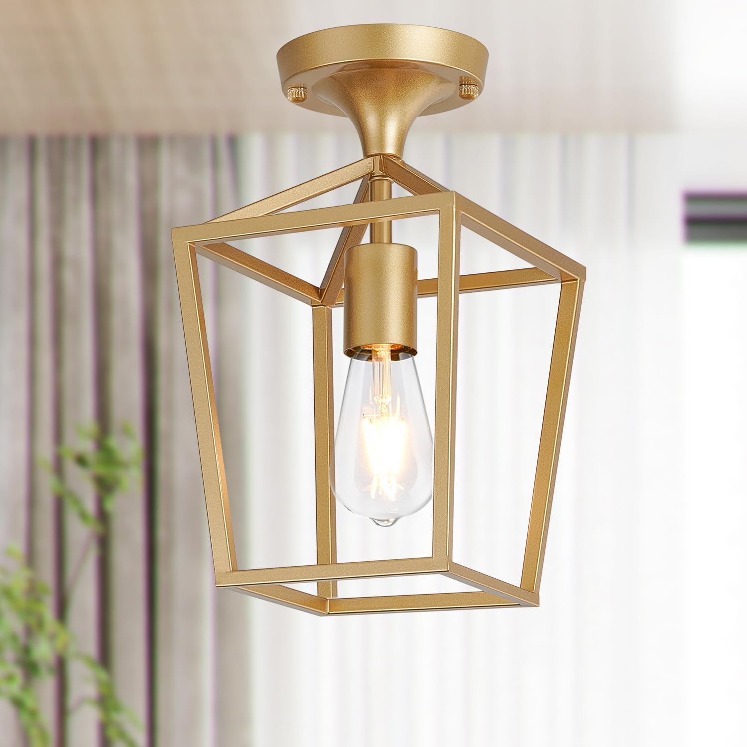【Upgraded】Semi Flush Mount Ceiling Light,Gold Industrial Ceiling Light Fixtures, Farmhouse Light Fixture for Hallway Stairway Garage Living Room Dining Room Balcony（Not waterproof, Not for Outdoor）