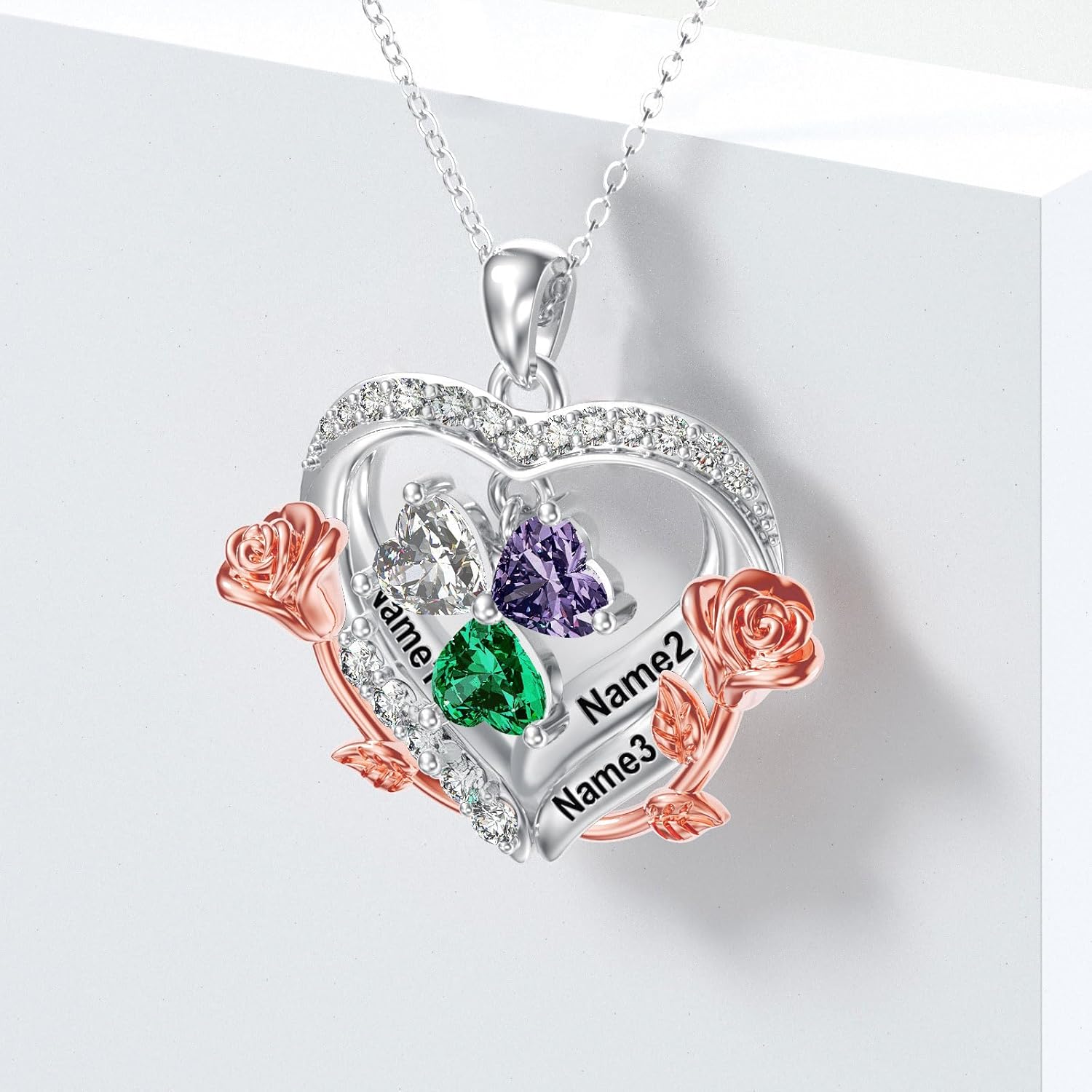 10K 14K 18K Gold Personalized Name Necklace with 1-5 Birthstones - Custom Mother's Names Necklace,Rose Heart Birthstone Necklace Jewelry Gift for Women Mom