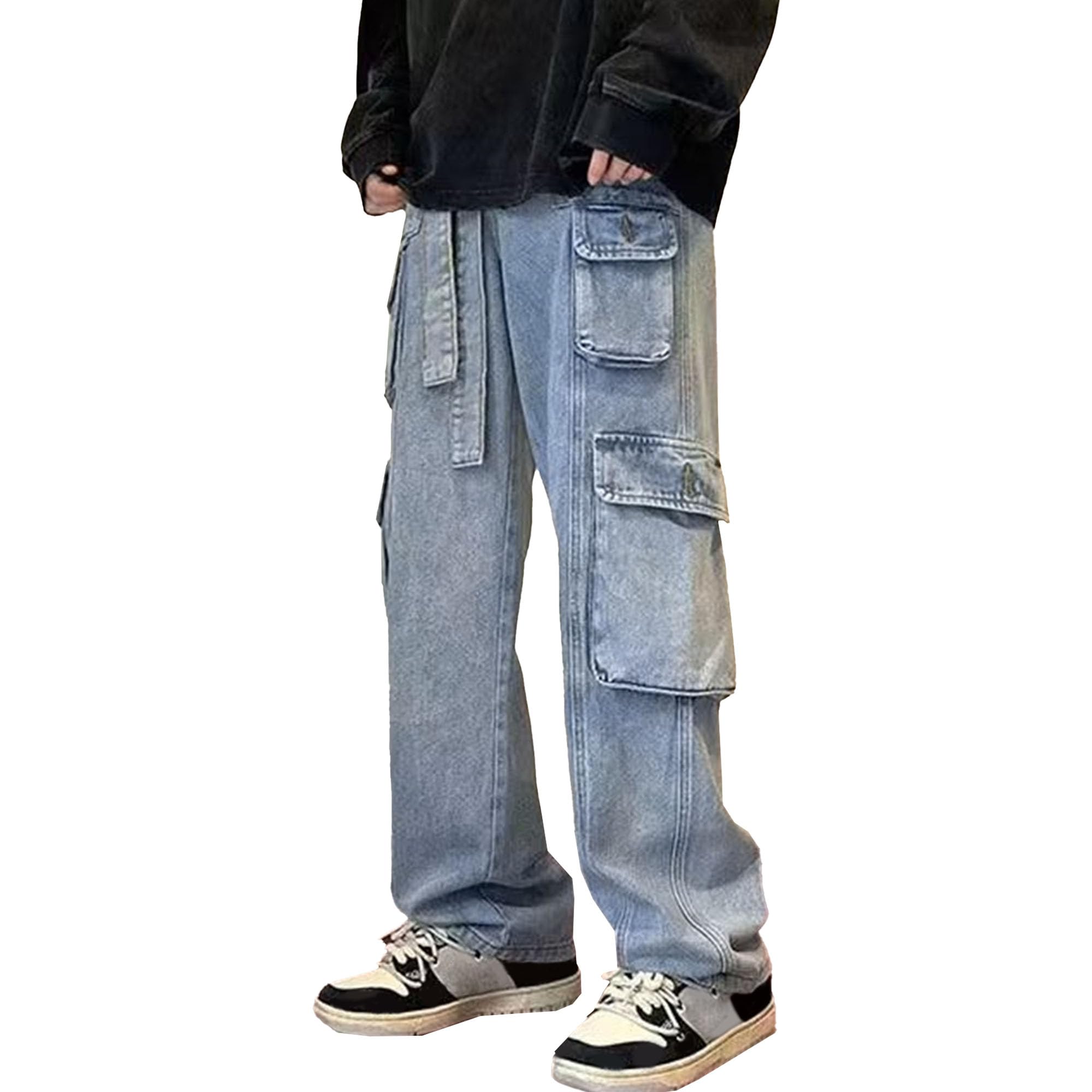 Jeans for Men Plus Size Straight Cargo Wide Leg Relaxed Fit Denim Pants Baggy Casual Streetwear Jean Trousers (Blue,Medium)