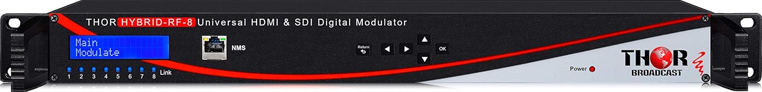 Front view of the Thor Broadcast HYBRID-RF-8 modulator, showing the LCD screen, NMS port, channel link LEDs, and navigation buttons.