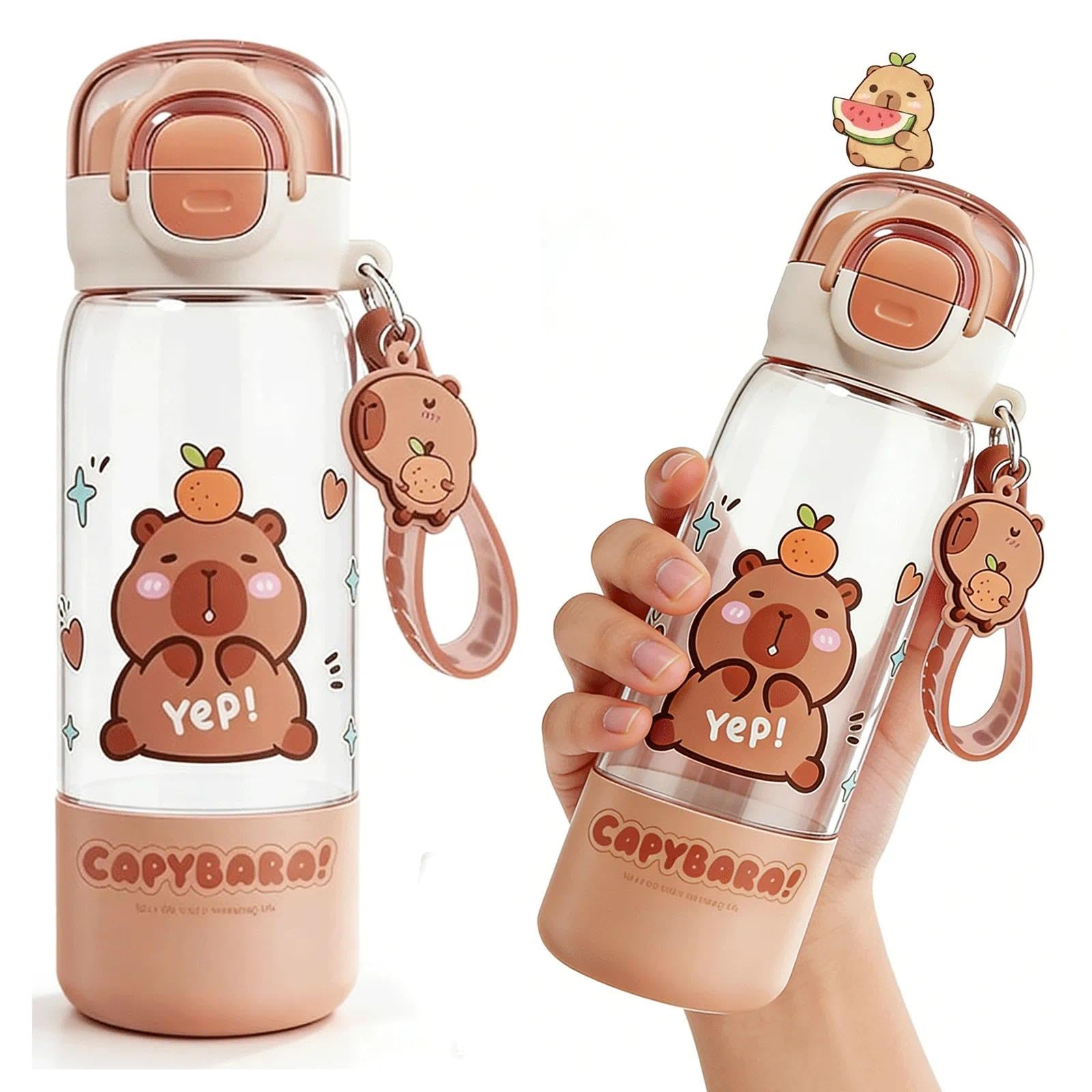 Dojasohilmi Girls Brown Capybara Water Bottle With Lid, Keychain & Silicone Straw, Cute Portable Heat Resistant Tumbler For School Kids, 510Ml