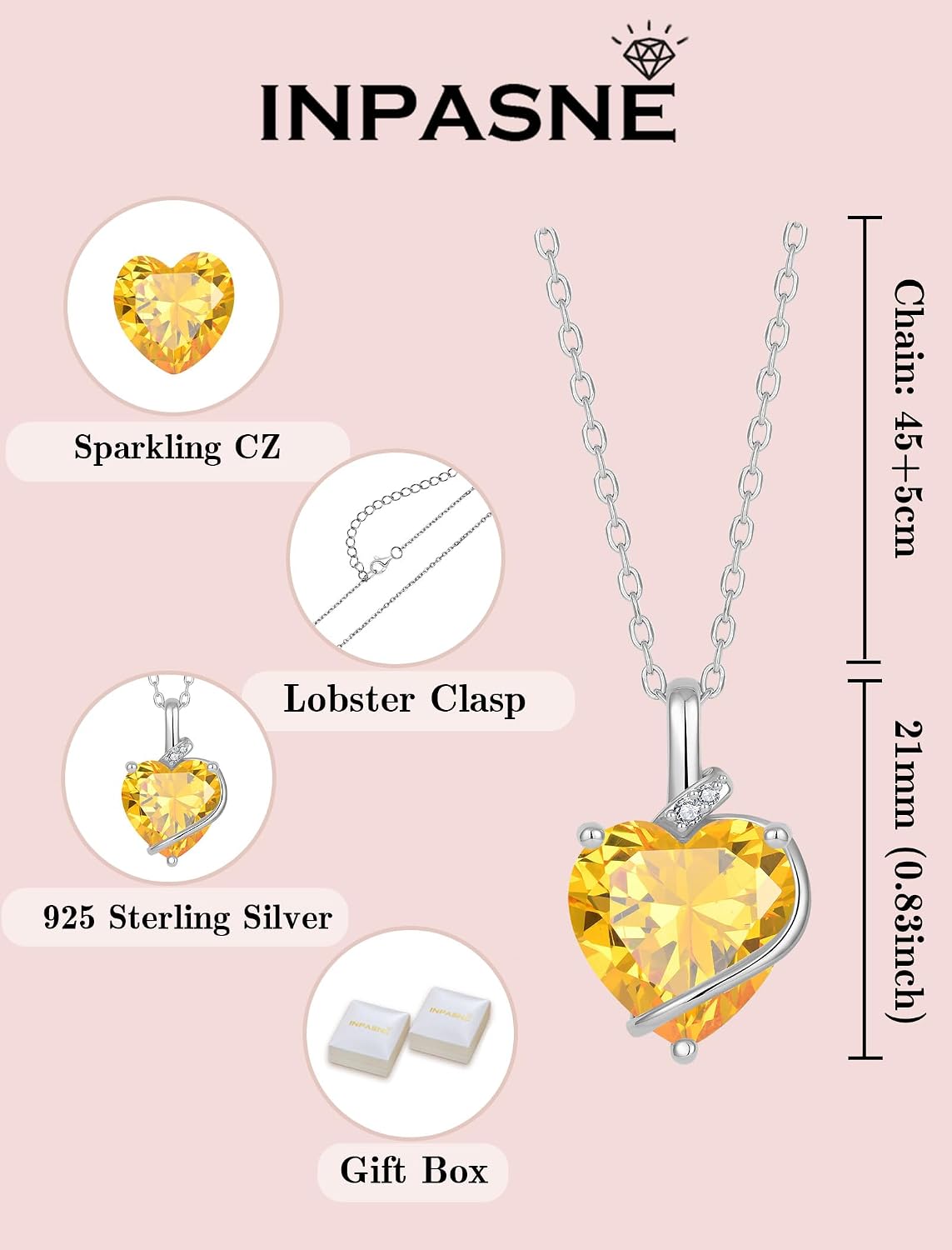 Citrine Jewelry Set Silver Tone Heart Shaped November Birthstone Pendant Necklace Dangle Drop Earrings for Women
