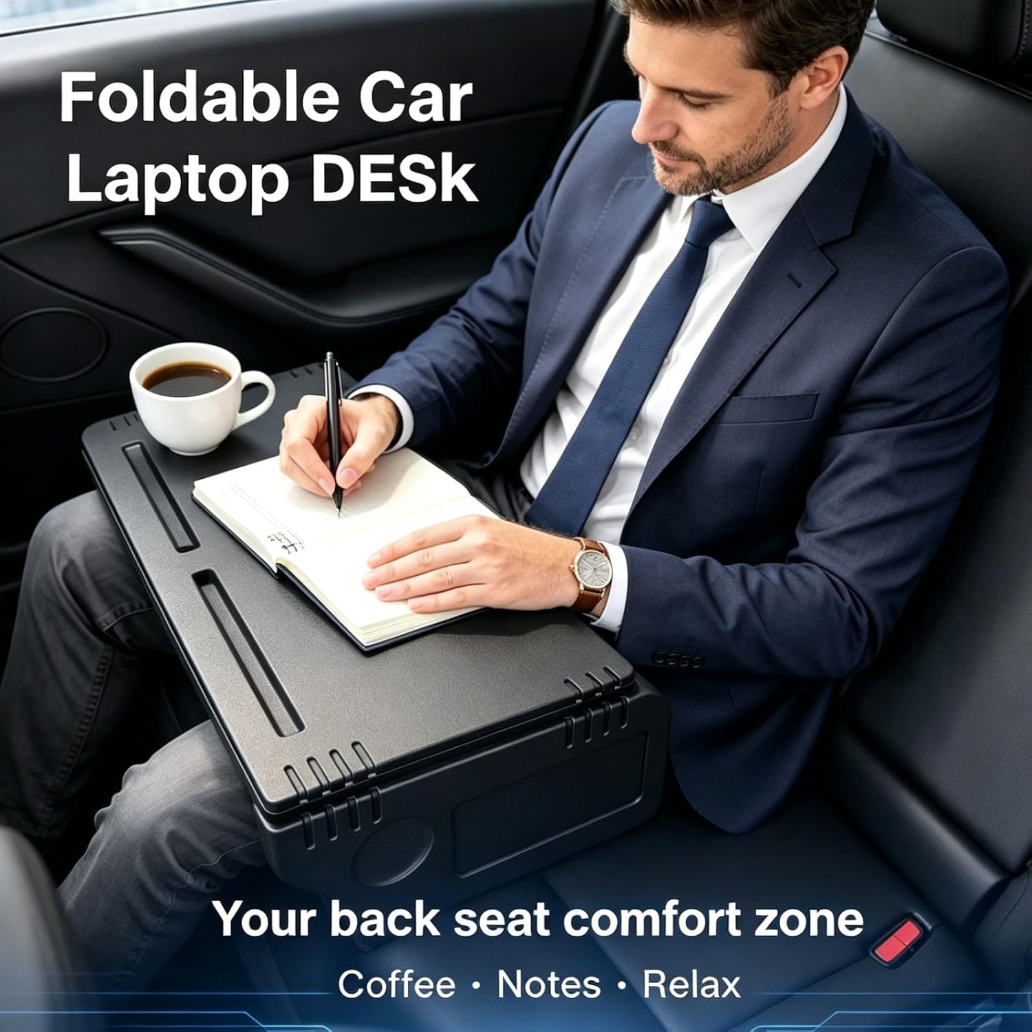 Car Desk for Laptop – Extra Large 30" Cross-Armrest Tray, No Steering Wheel Attachment, Foldable Portable Workstation for Eating, Working, Road Trips & Camping – Universal Fit Design