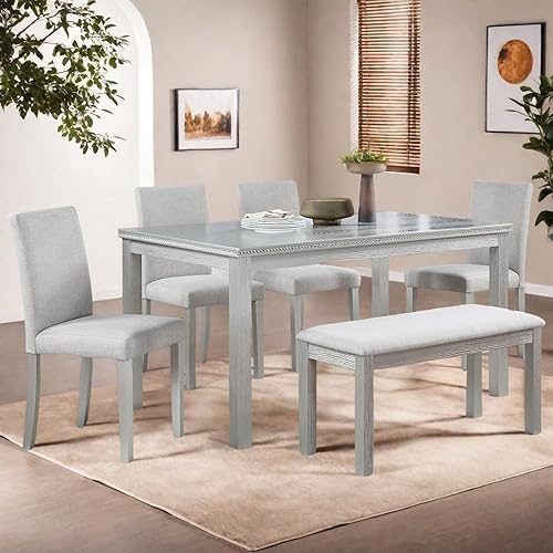 Dining Table Set for 6, 6 Piece Dining Room Table Set with Rectangular Crystal Decoration Table, 4 Upholstered Chairs and Bench, Counter Height Kitchen Sets with MDF Tabletop, Silver Gray