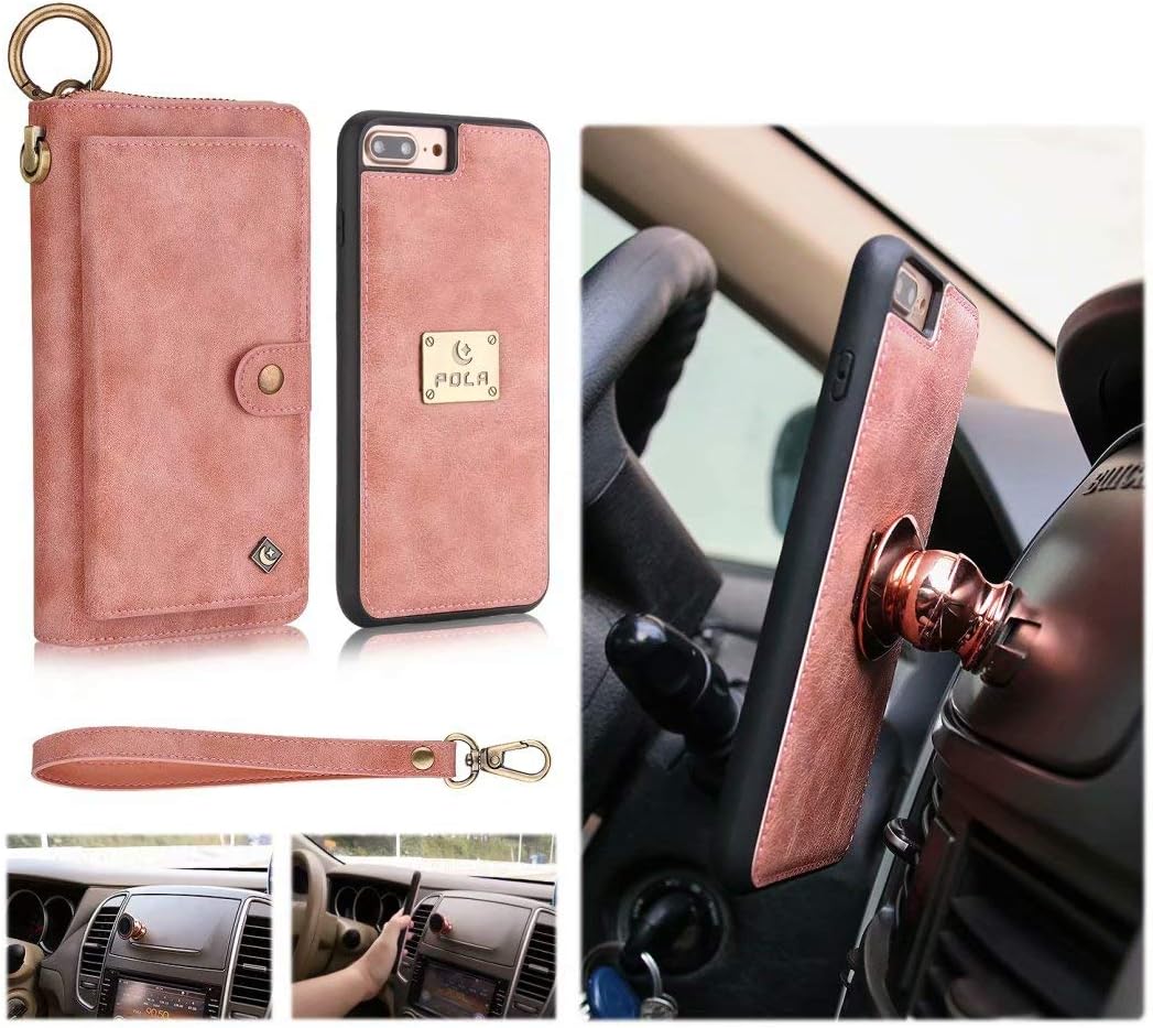 Petocase Compatible iPhone 8 Plus Wallet Case, Multi-Function Zipper Purse Detachable Magnetic Wristlet 13 Card Slots & 4 Cash Protective Cover for Apple 5.5" iPhone 8 Plus/7 Plus/6s Plus/6 Plus Pink