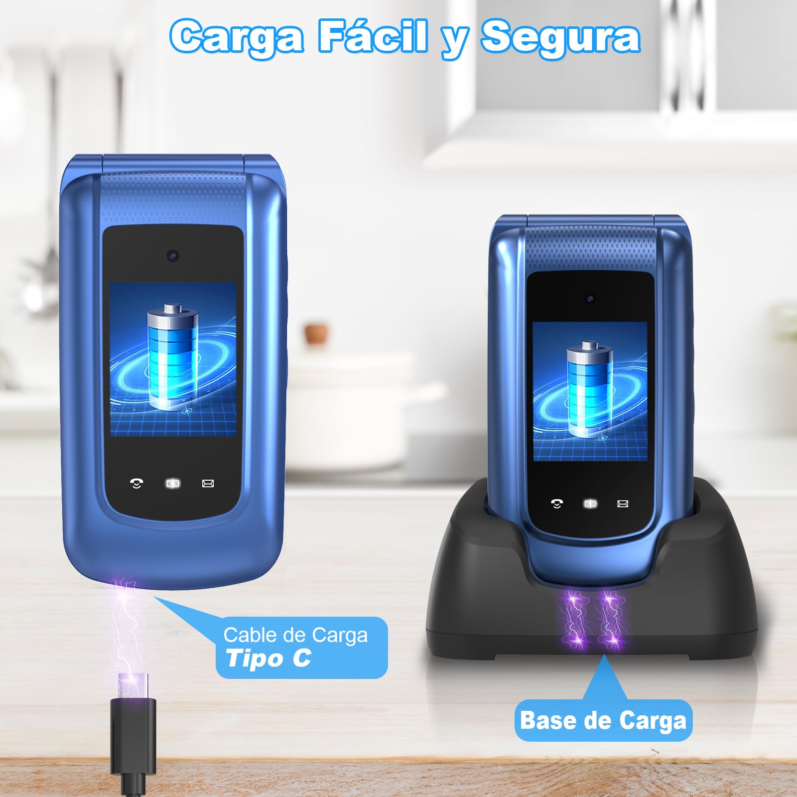 Usteetic 4G Teléfono Móvil para Personas Mayores, Teléfono Móvil con Tapa Teclas Grandes Botón SOS Pantalla Doble de 2,4 y 1,77 Pulgadas Doble SIM USB-C Despertador Base de Carga, Fácil de Usar, Azul