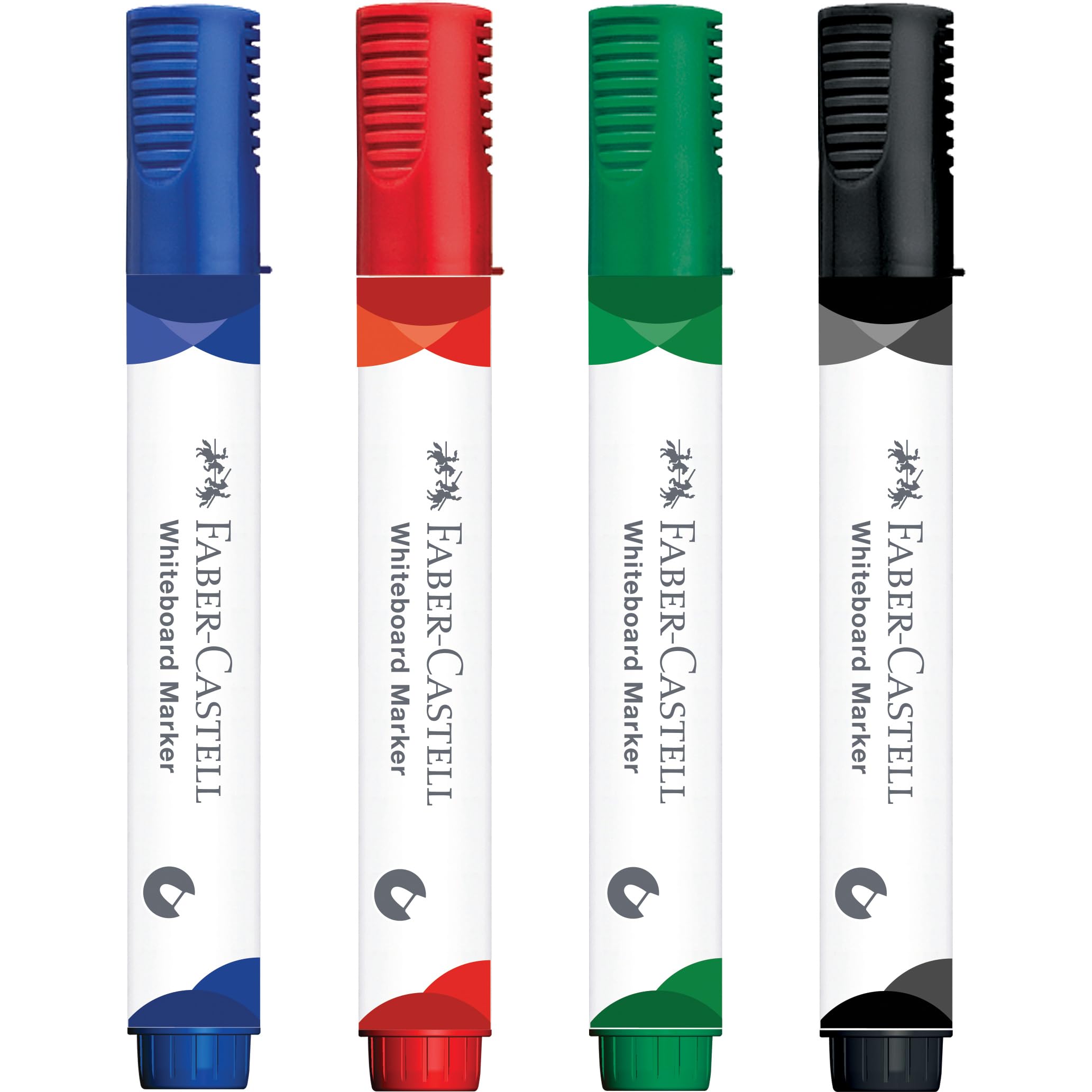 Faber-Castell 253942 – zestaw markerów do tablic suchościeralnych, 4 markery suchościeralne, okrągła końcówka 2,25 mm, do wielokrotnego napełniania