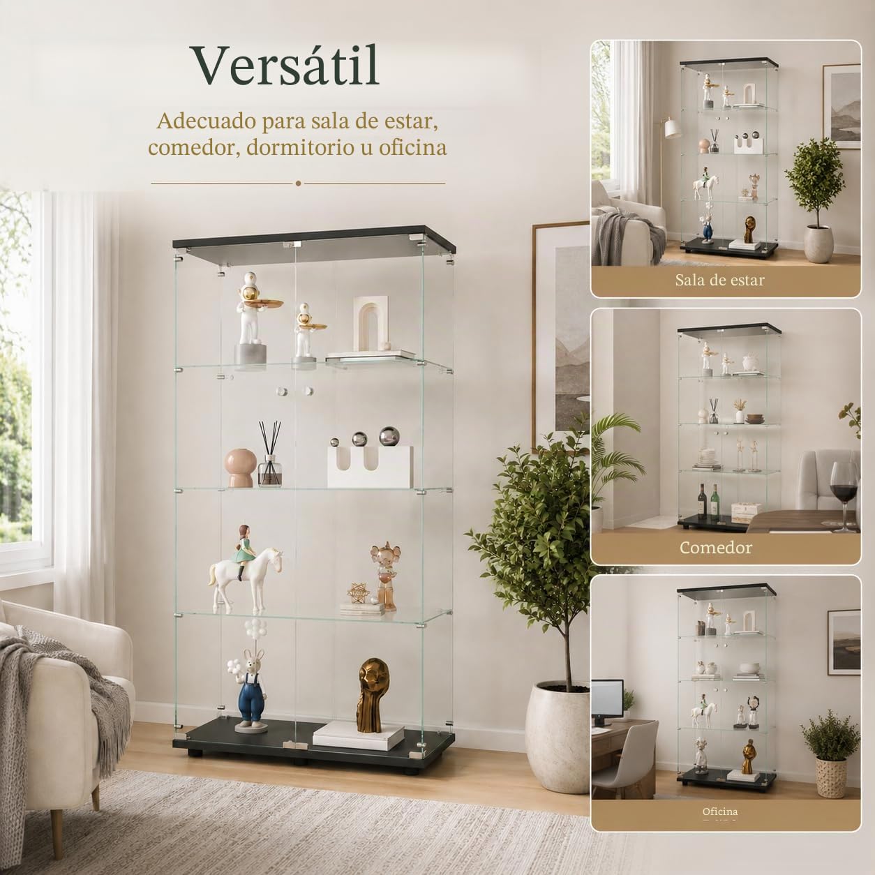 Vitrina de cristal con 4 estantes con puertas dobles, vidrio templado, armario Curio con cerradura, vitrina de colección, estantería de pie para sala de estar o dormitorio (negro sin luz)