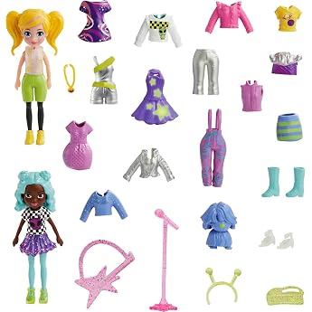Polly Pocket Travel Toy with Two 7.5 cm Dolls and 25 Accessories Outdoor Fashion Pack with 2 Glowing Pieces