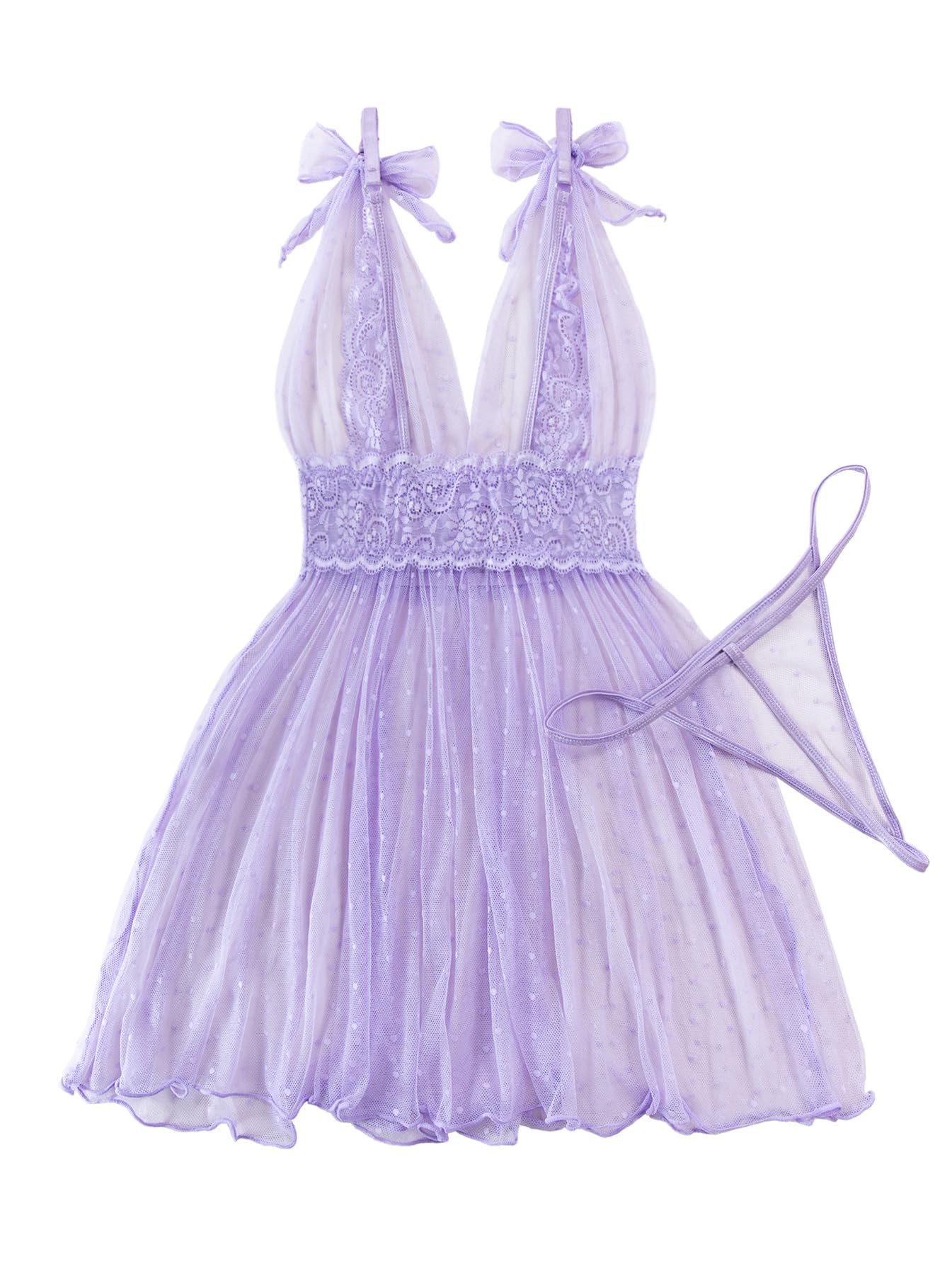 Lilosy Sexy Polka Dots Mesh Sheer Lace Babydoll Chemise Lingerie Set Floral Lace Sleep Wear