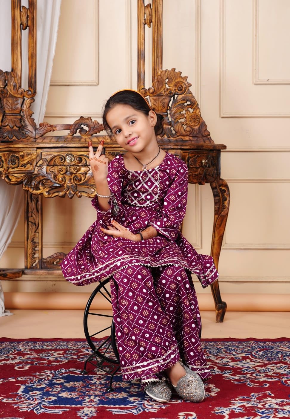 Traditional Bandhani Print Girls Sharara Suit, Burgundy with White Geometric Pattern,