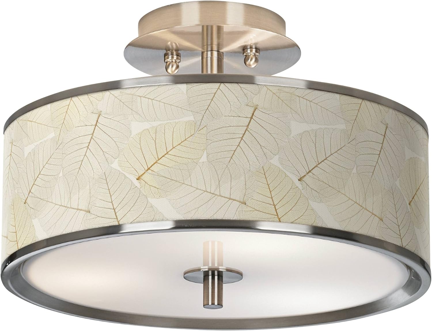Giclee Glow 14" Modern Semi Flush-Mount Ceiling Light Fixture Kitchen Foyer Hallway Drum Round Fall Leaves Shade LED Silver Brushed Nickel Finish Bedroom Bathroom Entryway Living Room Indoor Small