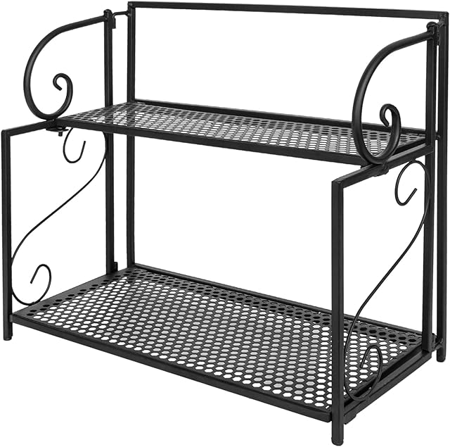2 Tier Spice Rack Bathroom Organizer Countertop Holder, Foldable Cabinet Seasoning Organization, Stylish Elegant Small Storage Racks for Kitchen Bath Room Bedroom Office Vanity Tray (Black)