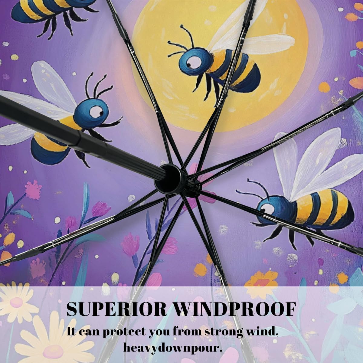 Cartoon Bees Flower Moon Folding Umbrella Windproof Compact Lightweight Travel Umbrella with 8 Reinforced Ribs, Portable UV Sun & Rain Protection for Men & Women