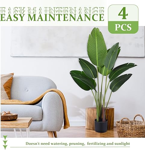 Miniatura 5 de Crowye Paquete de 4 plantas artificiales de aves del paraíso, palma de viajero sintética de 5 pies de alto con 10 hojas, maceta de plástico