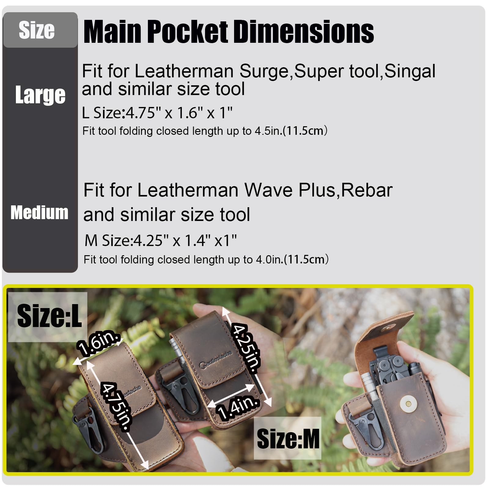 Gentlestache Étui pour outils multifonctions en cuir – Porte-outils multifonctions en cuir pour Leatherman Surge, Gerber, SOG Tools – Étui à outils multifonction avec clip de ceinture et clip pour clé