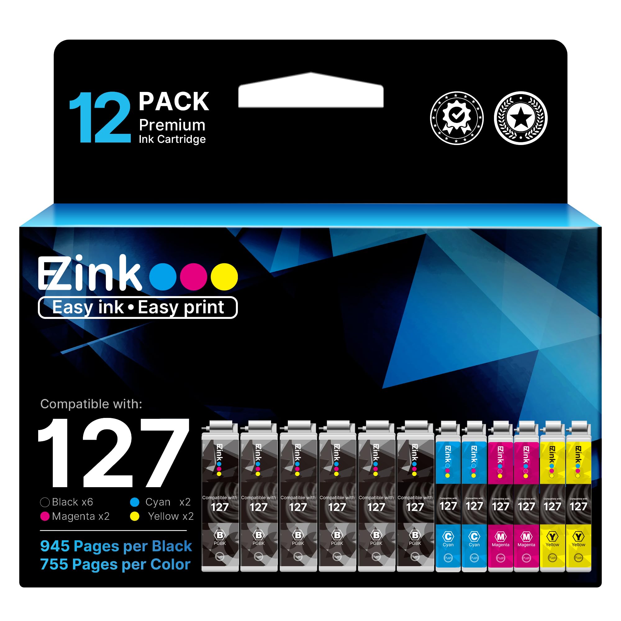 E-Z Ink Remanufactured Ink Cartridge Replacement for Epson 127 T127 to use with NX530 625 WF-3520 WF-3530 WF-3540 WF-7010 WF-7510 7520 545 645 (6