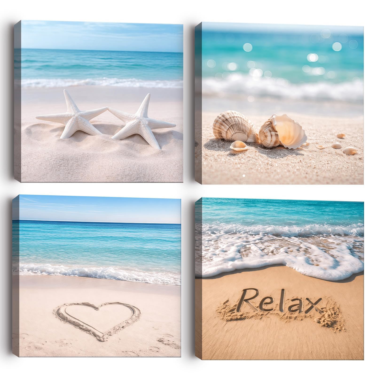Alptiny 4 Pieces Canvas Wall Art Framed Beach Wall Art Prints, Coastal Starfish Shells Ocean Picture Canvas Artwork for Gifts Bathroom Bedroom Living Room Hallway Decor 30x30cm