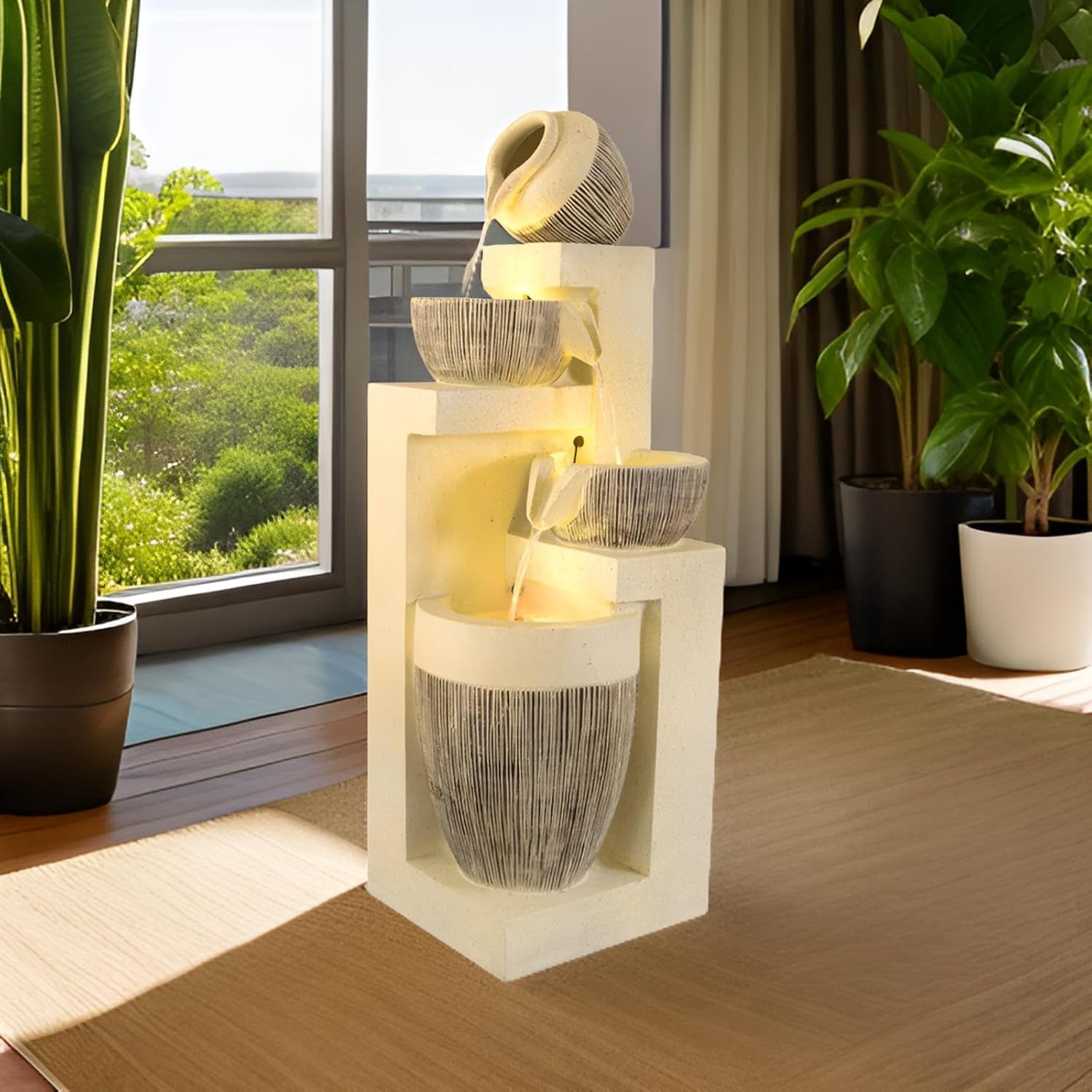 Free 10PCS Crystals+4.9 ft Clay Pot Simple Flowing Water Fountain Floor-Standing Decoration Living Room Office feng Shui Wheel Landscape Decoration Opening Gift(35 * 37 * 116cm+Yellow)