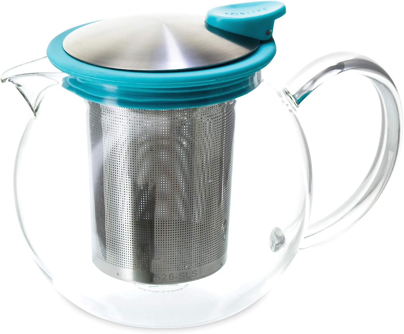 FORLIFE Bola Glass Teapot with Basket Infuser, 25oz./750ml., Turquoise, 25 oz