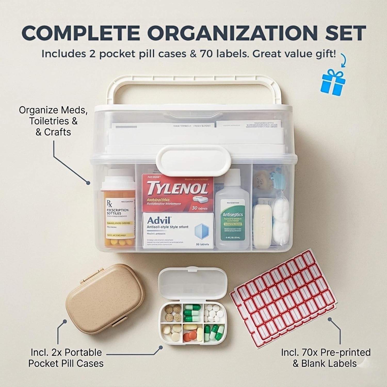 Portable Medicine Organizer Box & First Aid Kit Container – 3-Layer Folding Storage Bin with Handle & Latch, Clear Medical Supply Case for Home, Dorm, Sewing – w/ 2 Pill Pods & Labels