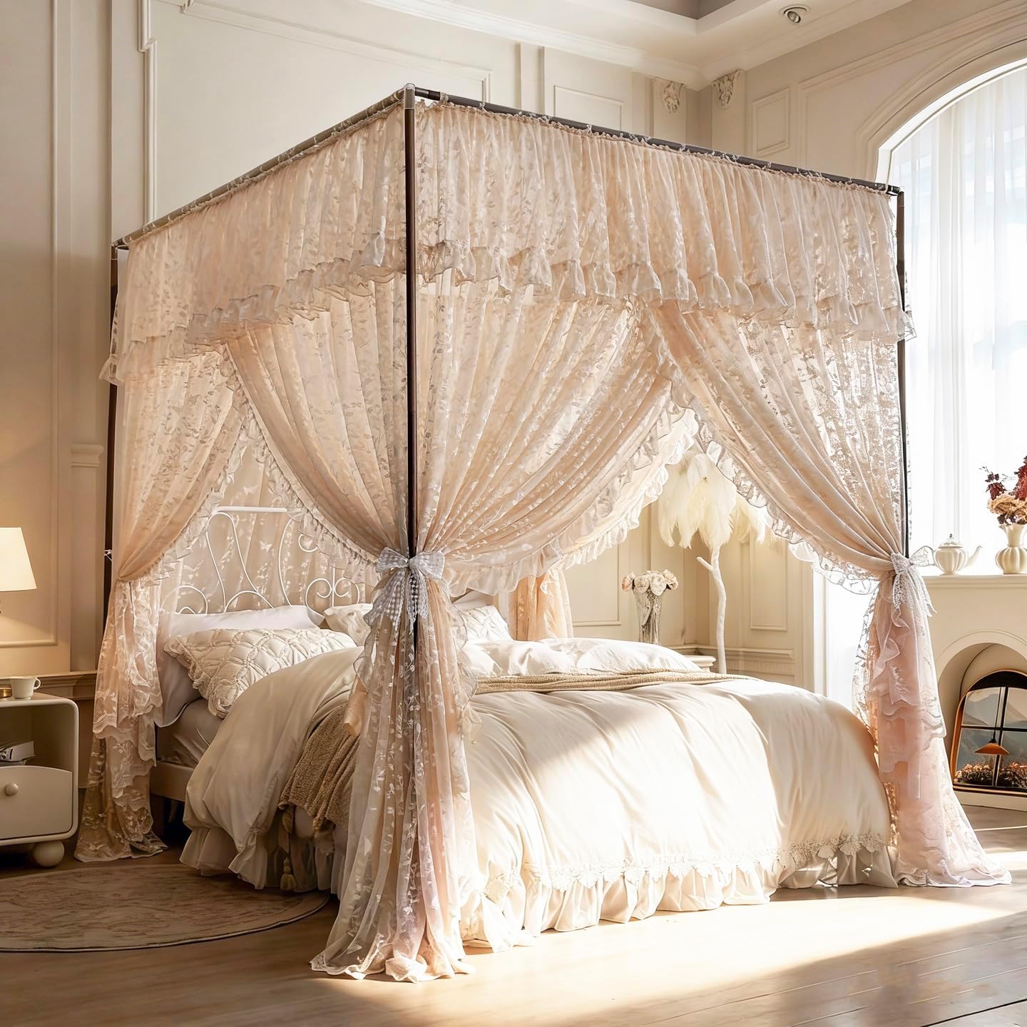 Mengersi Canopy Bed Curtains, 4 Corners Post Bed Canopy Mosquito Net for Girls Adults Bedroom Decoration (Beige Pink, Queen)