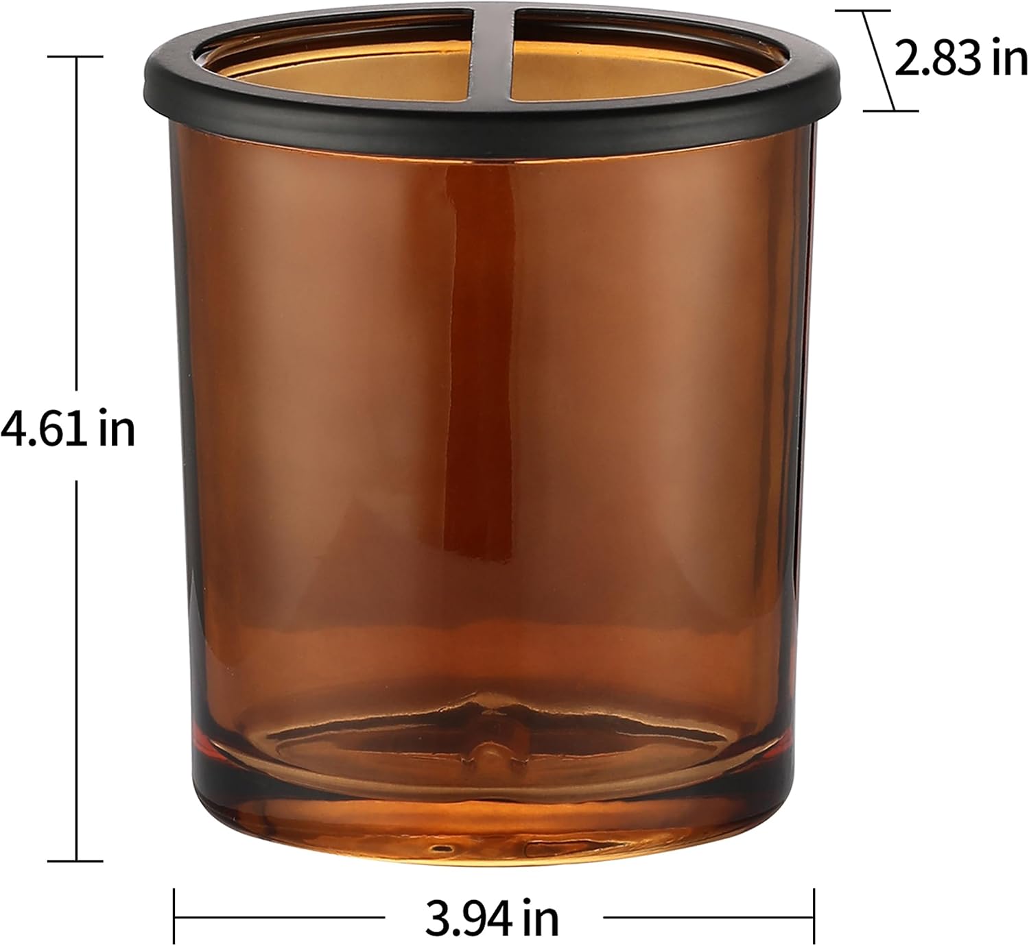 H Halston Amber Wide Glass Toothebrush Holder Large Enough for Electric toothbrushes, Heavy Weight Thick Organizer,Bathroom, Vanity Countertop, Makeup Brush, Matte Black Metal Top