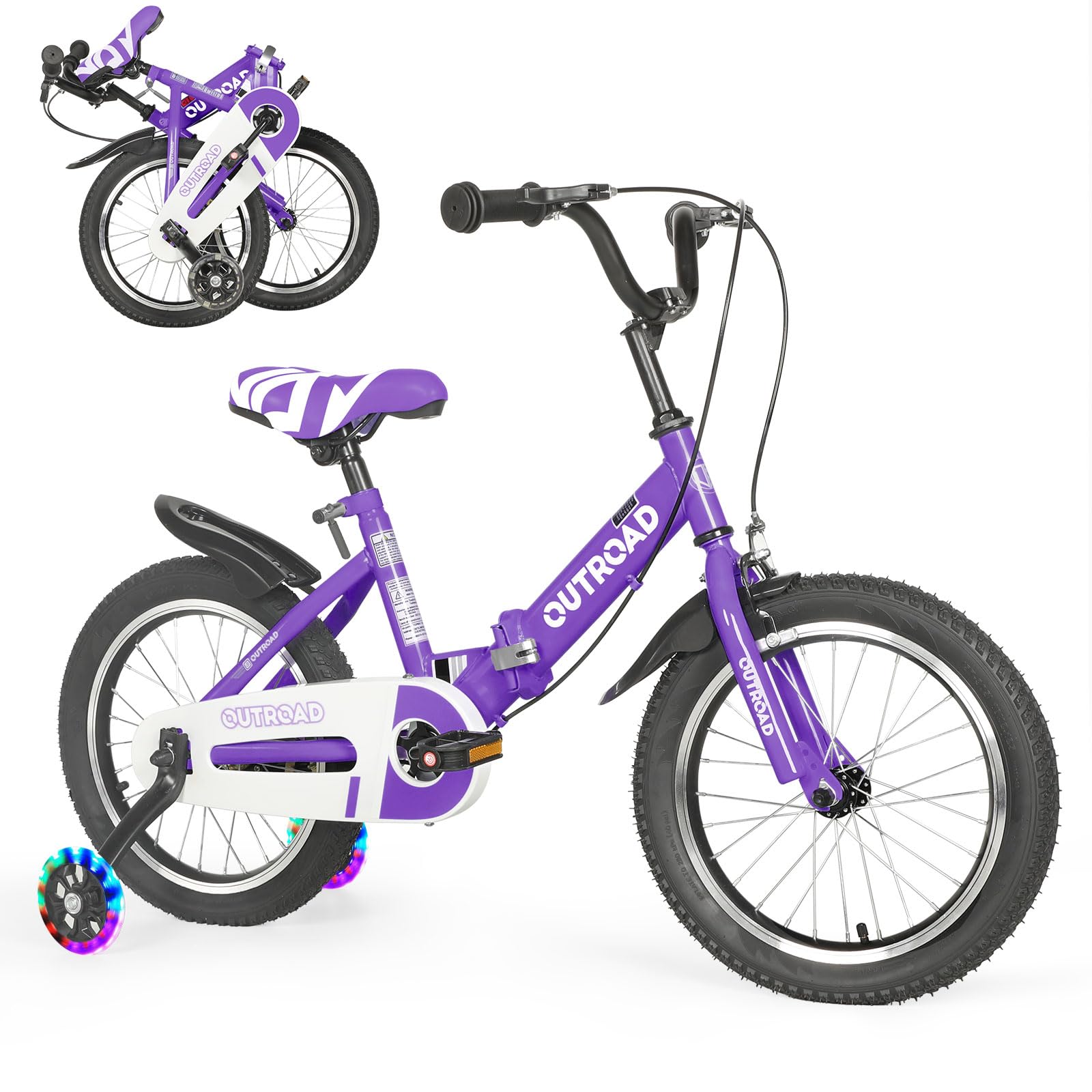 Folding Kids Bike for 3-12 Years Old Boys and Girls 14/16/18 Inch Foldable Kids' Toddler Bicycles with Flash Lighting Training Wheels and Dual Handbrakes, Baby Bike in Blue and Pink 3