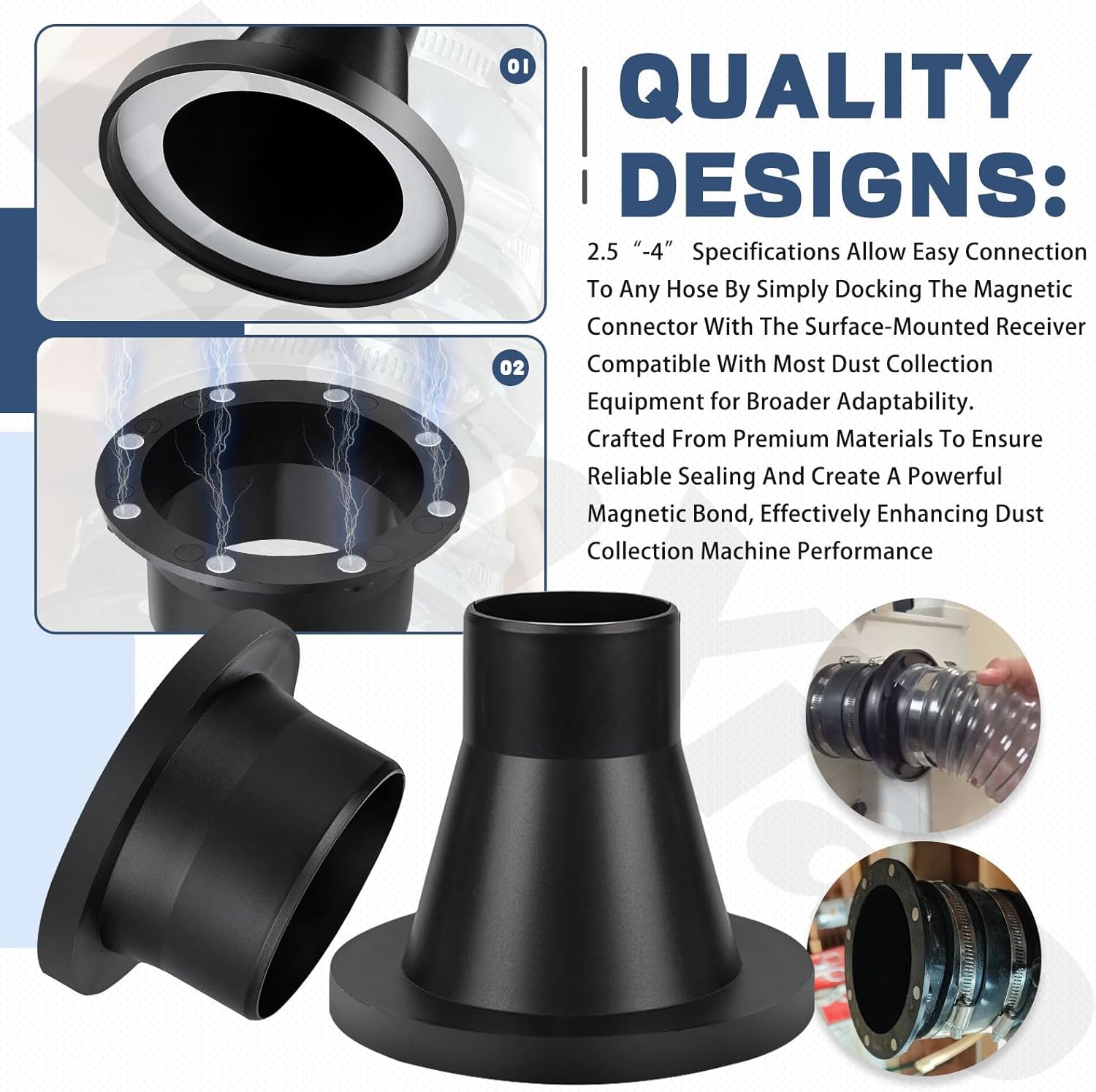 4" Magnetic Dust Collection Fittings for Dust Collectors, 4" & 2.5" Woodwork Shop Vacuums Dust Hose - w/Mag Port Connector & Couplers Enable Quick Switching Of Hoses Between Devices