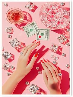 Red Nails and Diamonds Wall Art – High-Contrast Pink Still Life with Champagne, Ice Bowl and Cash, Luxe Glam Decor for Bedroom, Bar or Dressing Area-12x16Inch Ready to Hang(Unframed)